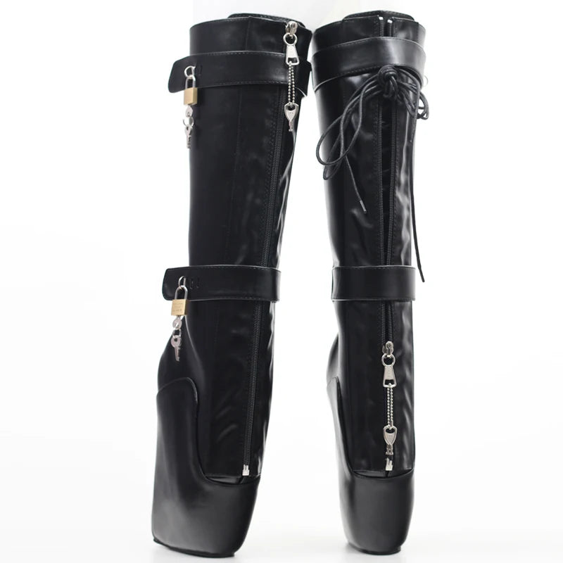 Women Sexy Boots 18cm High Wedge Heel Heelless Sole Lockable Zipper padlocks Knee-High Ballet Boots