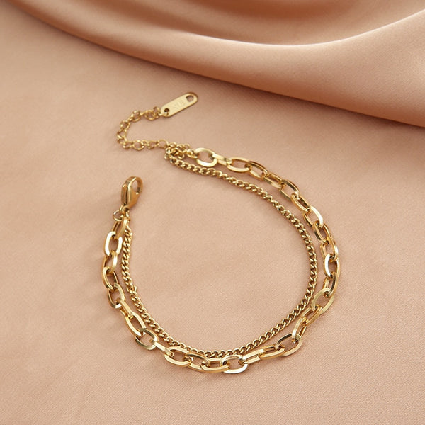 Pulsera punk de acero inoxidable 316L de dos capas con cadena irregular simple, colores dorado y plateado, para mujeres y hombres.