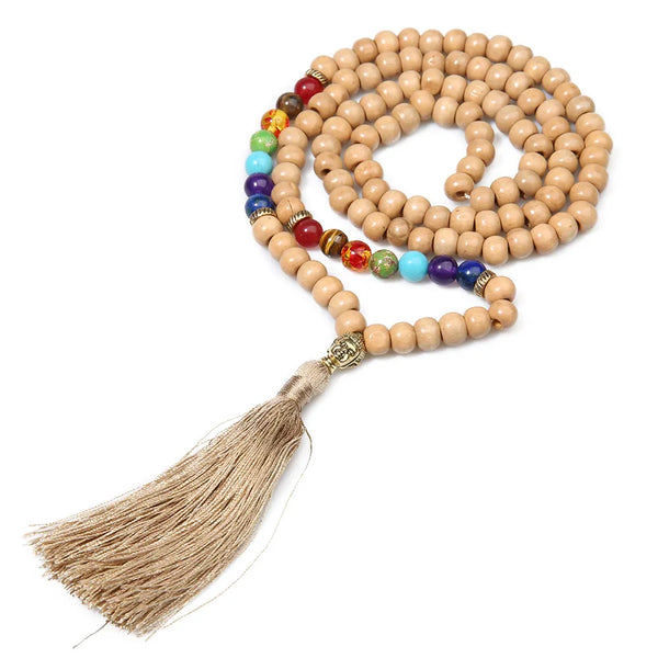 Collar Mala de 108 cuentas de madera de 8 mm para meditación, 7 chakras