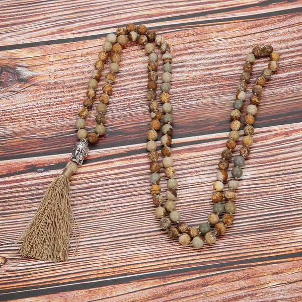 Collar anudado Mala 108 con cuentas de jaspe de 6 mm/8 mm para meditación y bendición