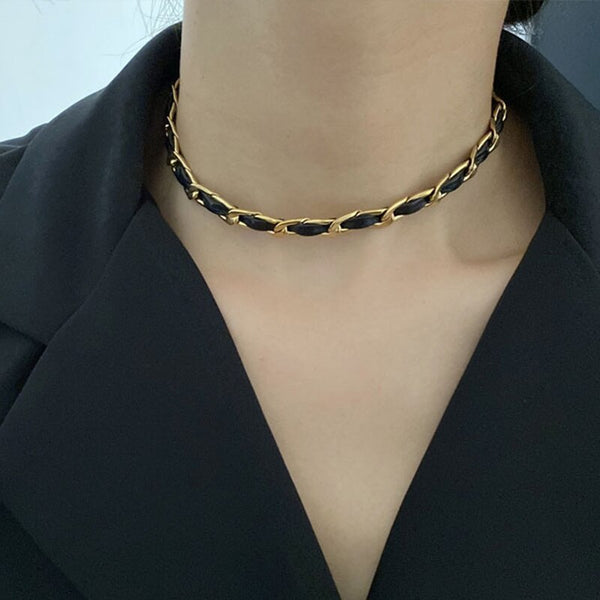 316L Stainless Steel Korean Style Black Weave Gold Color Necklace