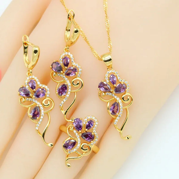 Purple Zirconia Gold Color Jewelry Sets for Women