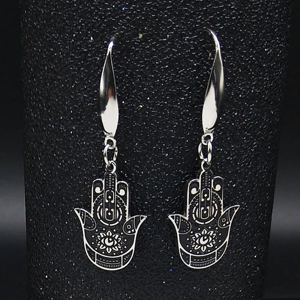 Pendientes de acero inoxidable con forma de mano de Fátima y ojo de diablo para mujer, pendientes colgantes de esmalte negro
