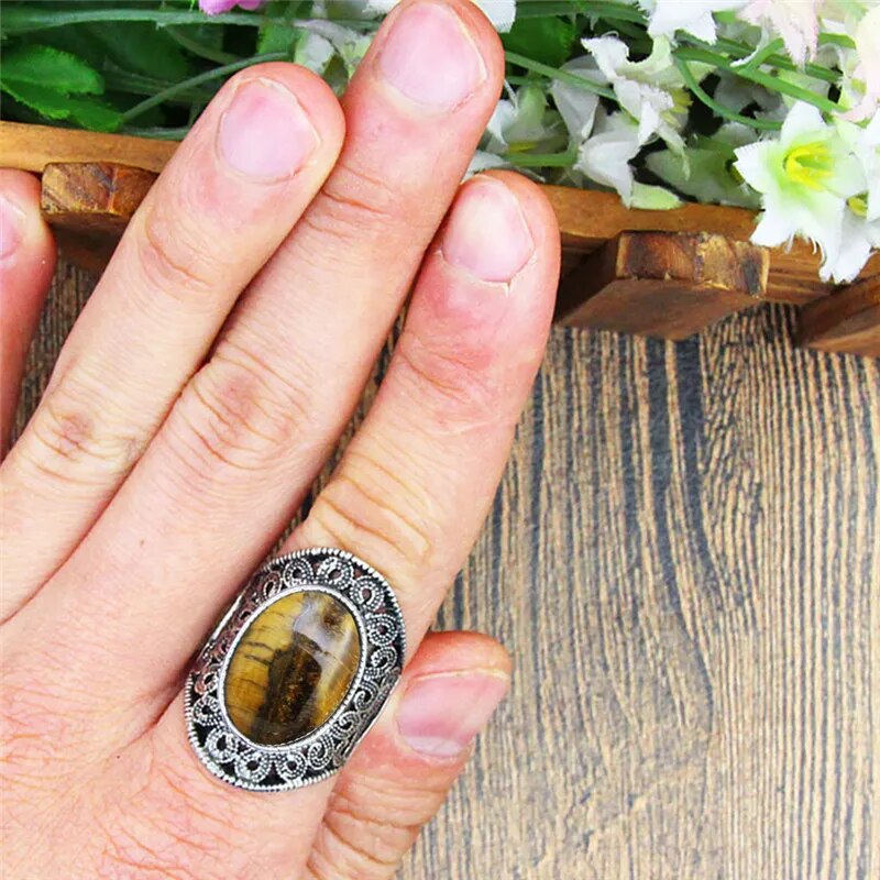 Oval Natural Tiger Eye Stone Rings For Women