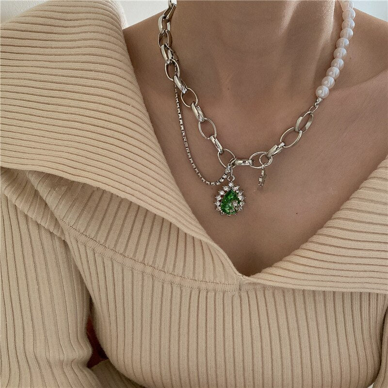 Vintage Green Cystal Rose Necklace For Women
