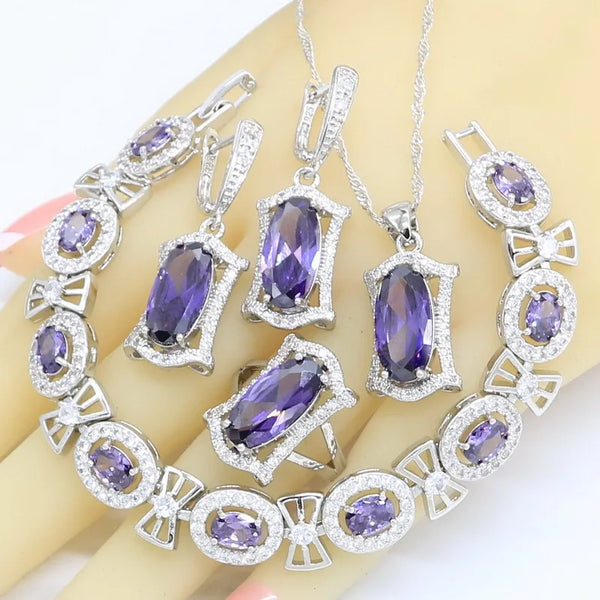 Geometric Purple Zircon Silver Color Wedding Jewelry Sets For Women