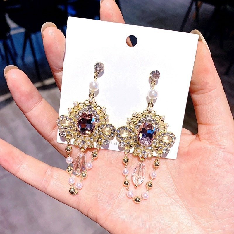 New Baroque Style Vintage Crystal Tassel Dangle Earrings For Women