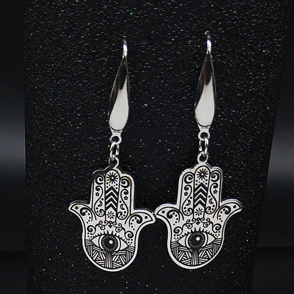 Pendientes colgantes de mano de Fátima de acero inoxidable para mujer, con esmalte negro