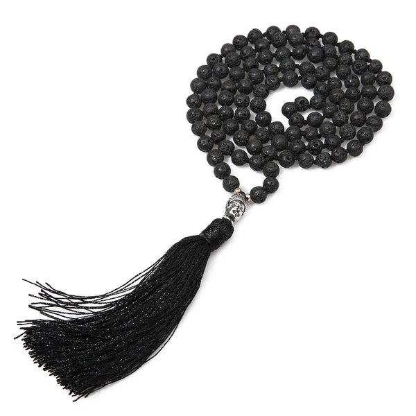 Collar de piedra de lava negra para hombre, colgante clásico de Buda, hecho a mano, con borla larga, joyería de meditación.