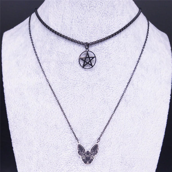 Collar de acero inoxidable en capas con diseño de gato sin pelo y pentagrama de brujería para mujer