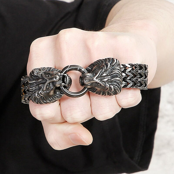 Pulsera gótica con cabeza de león y calavera de lobo para hombre, de acero inoxidable macizo de 18 mm, con eslabones francos y cadena de mano.