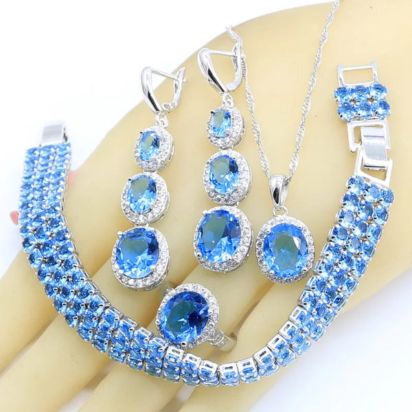 Light Blue Semi-precious Silver Color Jewelry Sets For Women