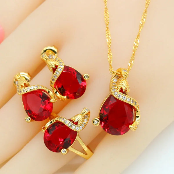 Pear Shaped Red Blue Stones Gold Color  Stud Earrings Necklace Pendant Rings Gift Box