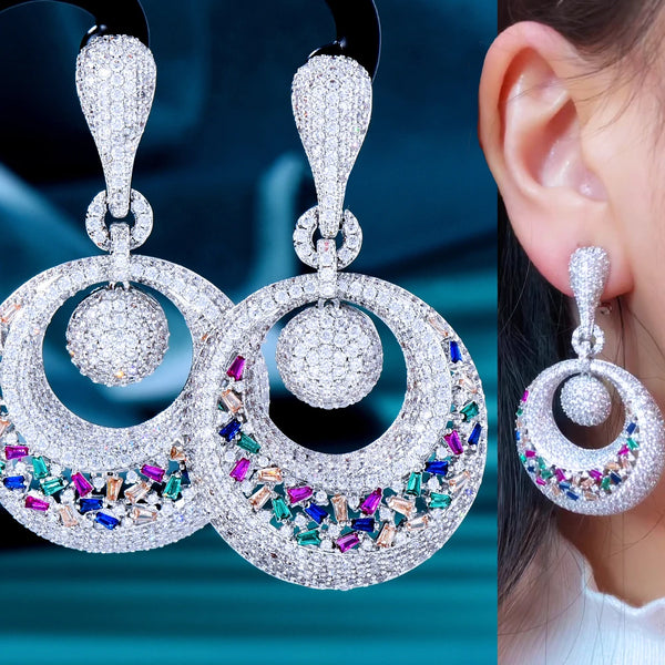 Gorgeous Shiny Retro Round CZ Drop Earrings Full Cubic Zirconia for Women