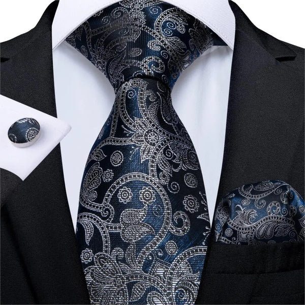 Corbata de boda de seda con estampado de cachemira azul y plateado para hombre, juego de gemelos Handky