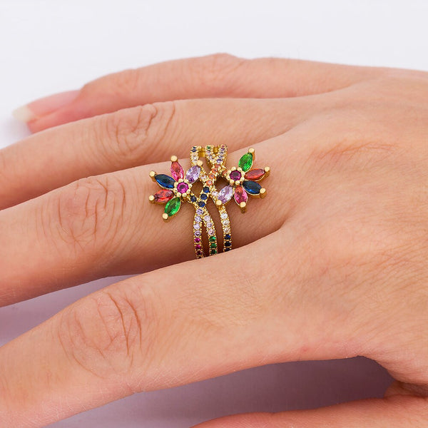 Anillos de flores elegantes con diseño ajustable multicapa de moda para mujer