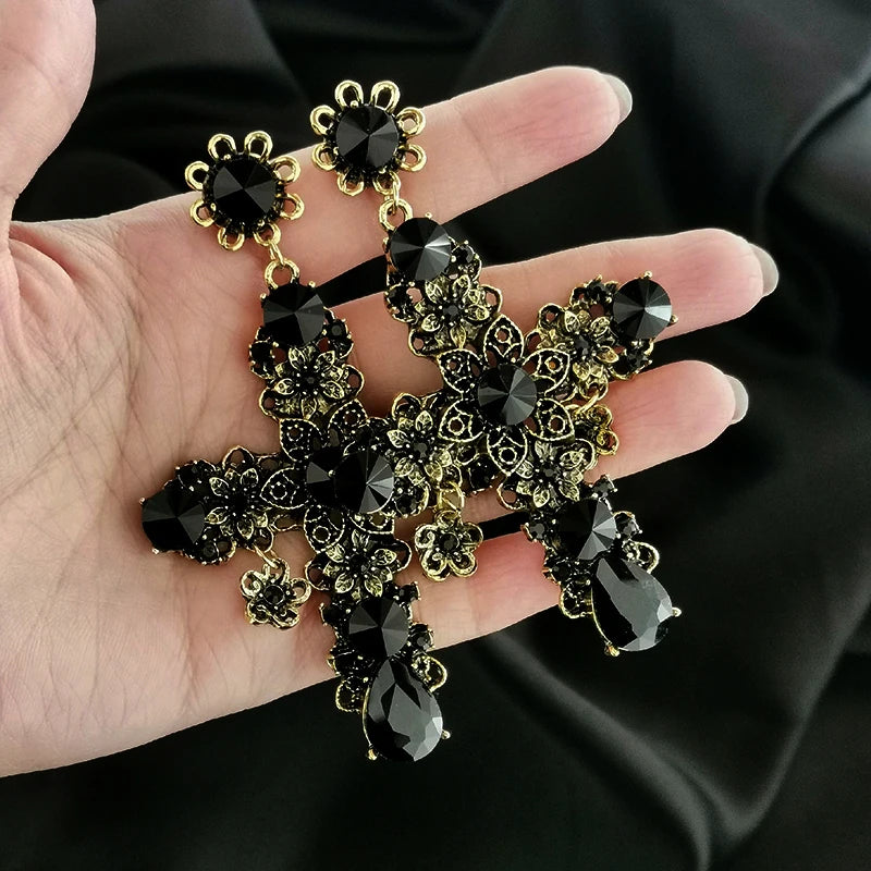 Vintage Black Cubic Zirconia Big Cross Drop Earrings for Women