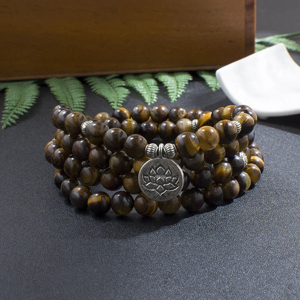 Pulsera de cuentas de ojo de tigre amarillo natural de 8 mm, 108 japamala, joyería curativa de yoga para hombres y mujeres