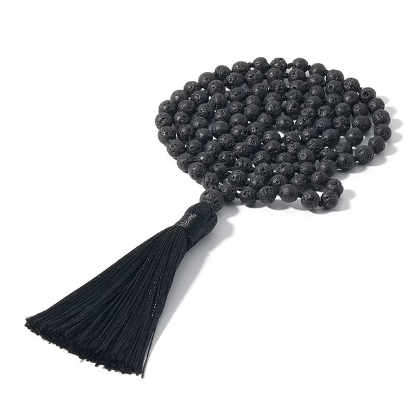 Collar Mala Saludable de 108 cuentas de japamala de piedra de lava negra de 6 mm con nudos para meditación