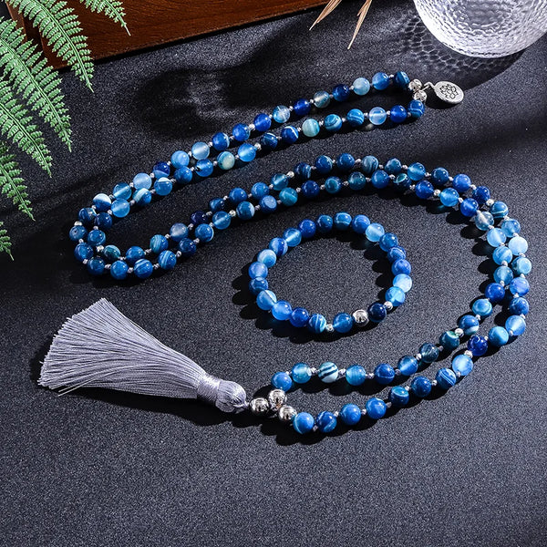 Collar de japamala anudado con cuentas de ágata azul natural de 8 mm para meditación y yoga. Conjunto de joyas para bendiciones.