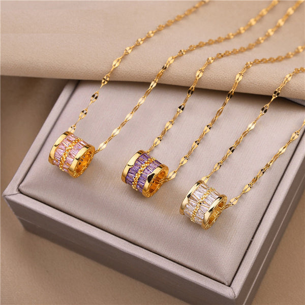 316L Stainless Steel 3 Color Round Pendant Necklace Minimalist Style Beautiful Woman
