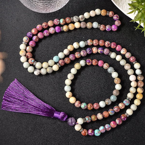 Collar Mala de meditación con cuentas de jaspe emperador y amazonita natural de 8 mm.