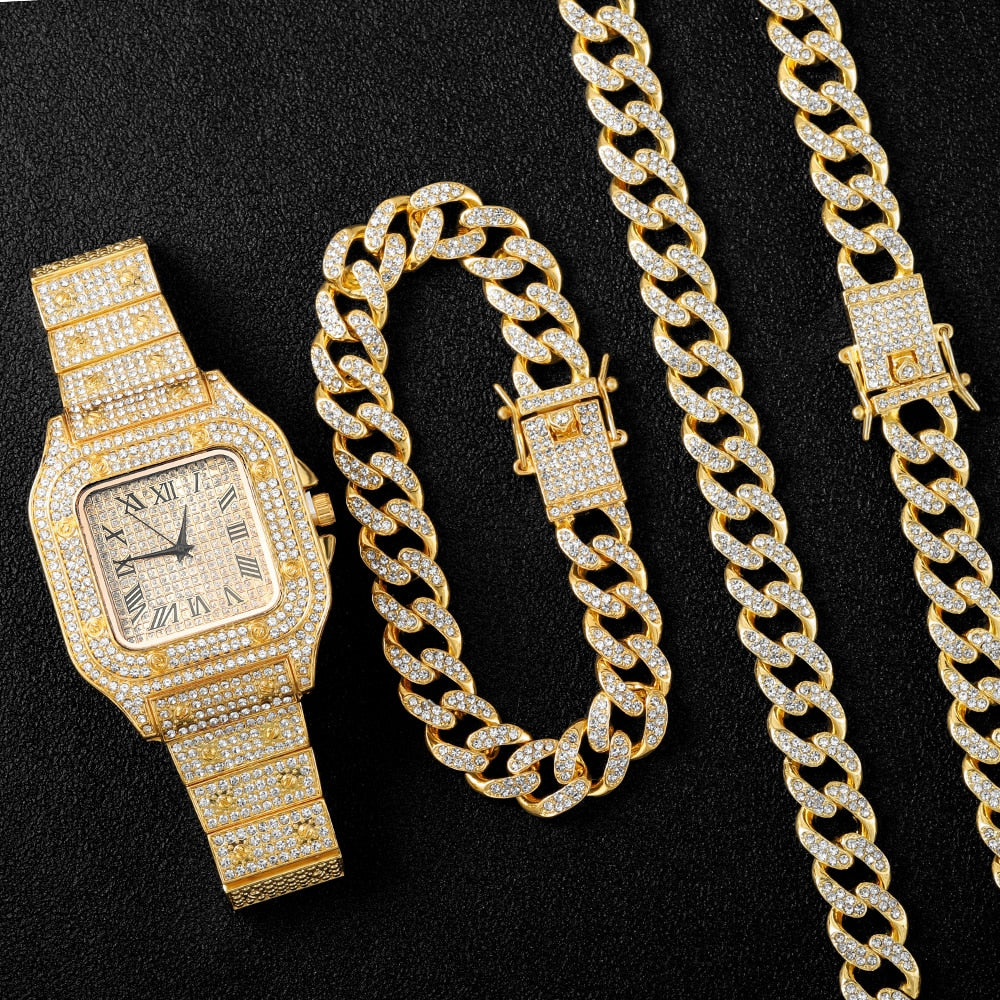 Gold Necklace +Watch+Bracelet Hip Hop Miami Curb Cuban Chain