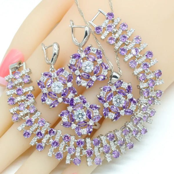 Luxury Purple Stones Dubai Silver Color Wedding Jewelry Sets For Women