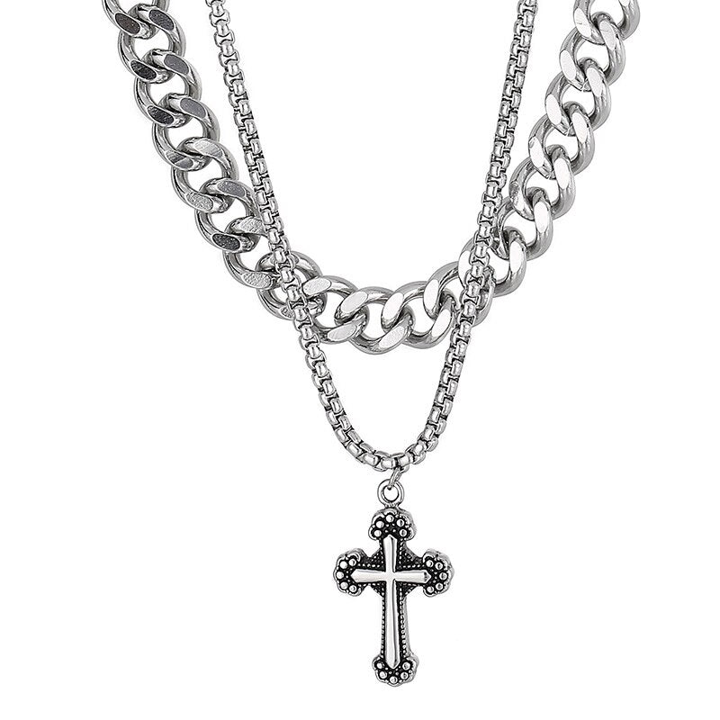 Cross Charm Pendant Necklace For Men Double Layer Stainless Steel Curb Neck Chain