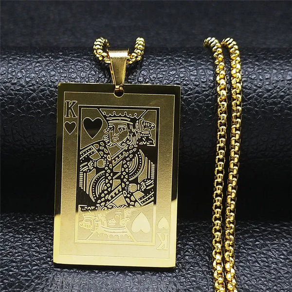 Collar con colgante de acero inoxidable Poker King para mujer y hombre, cadena larga dorada.
