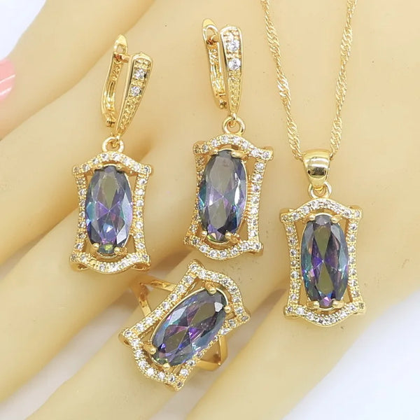 Geometric Rainbow Zircon Gold Color Jewelry Sets for Women