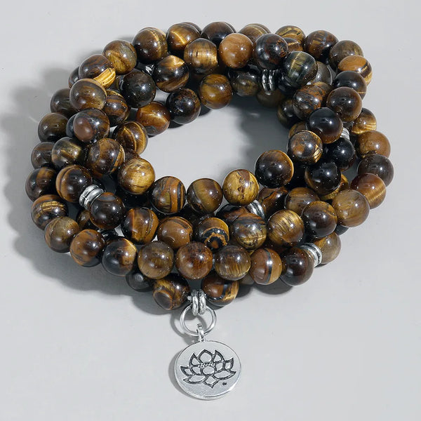 Pulsera Mala de 8 mm con cuentas de ojo de tigre amarillo natural 108, joyería de oración de yoga, colgante de loto OM, árbol de la vida