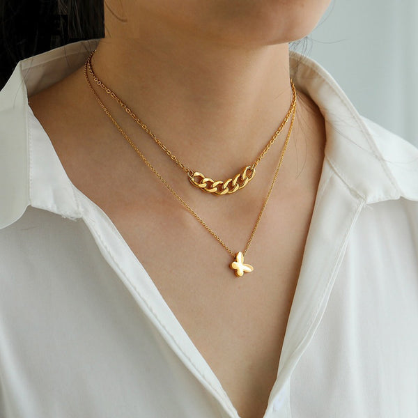 316L Stainless Steel Gold Color Double Hot Sale Fairy Shell Butterfly Pendant Clavicle Necklace