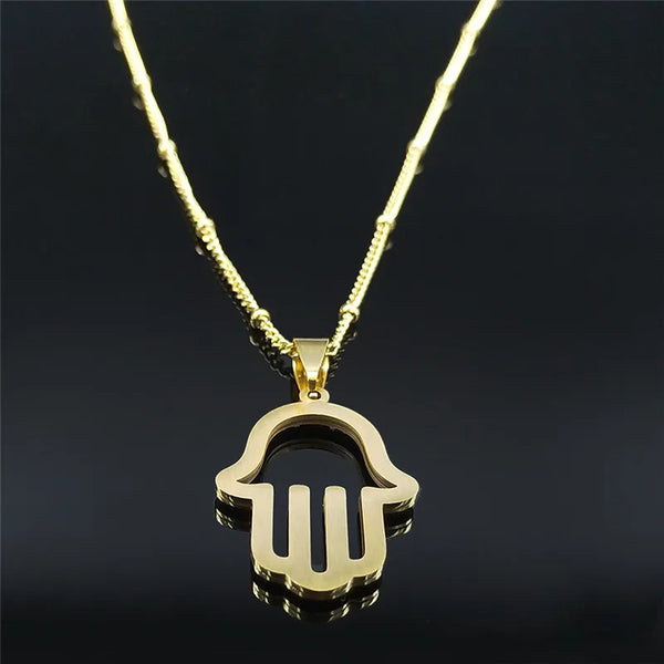 Collares de mano de Fátima de acero inoxidable con cristales negros y la mano de Fátima.