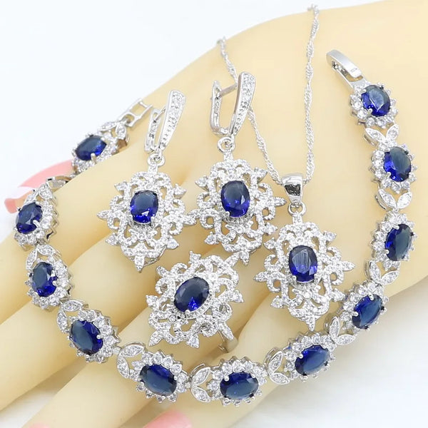 Blue Crystal Bracelet Earrings Necklace Pendant Ring Wedding Gift Box