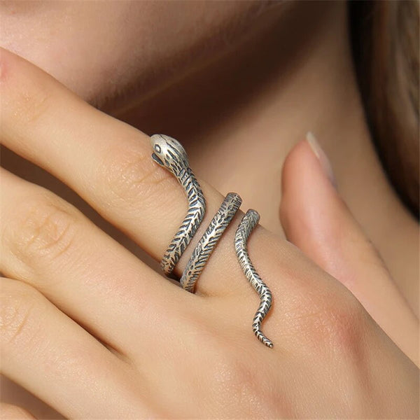 Anillo de apertura con forma de serpiente de plata de ley 925 auténtica para hombres y mujeres.