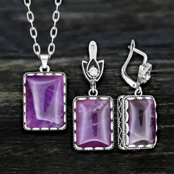 Conjunto vintage de amatistas naturales cuadradas para mujer
