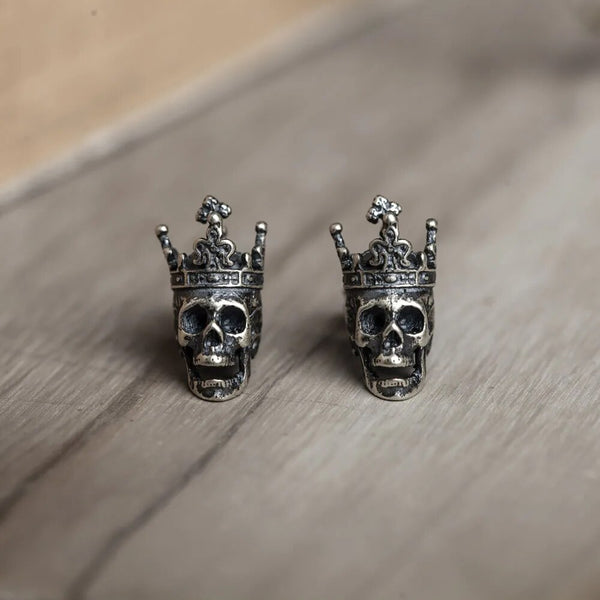 Pendiente de botón con forma de corona de rey y calavera retro creativo de plata de ley 925, estilo gótico punk, para hombres y mujeres