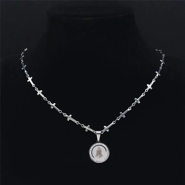 Stainless Steel Hands Folded Cross Necklaces Pendants Women/Men Silver Color Necklaces