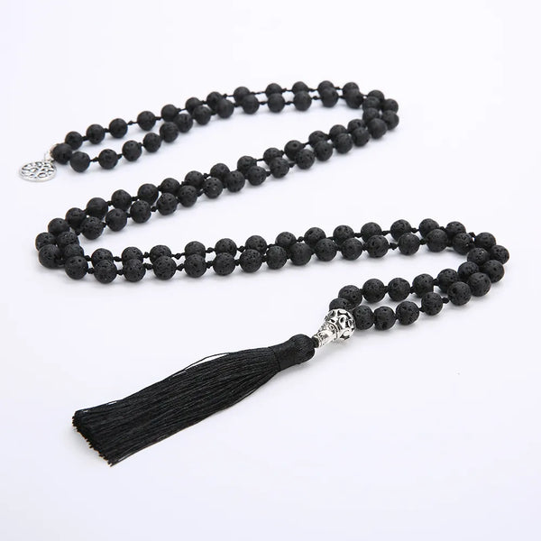 Collar anudado con cuentas de piedra de lava negra de 8 mm, 108 japa mala, rosario de meditación