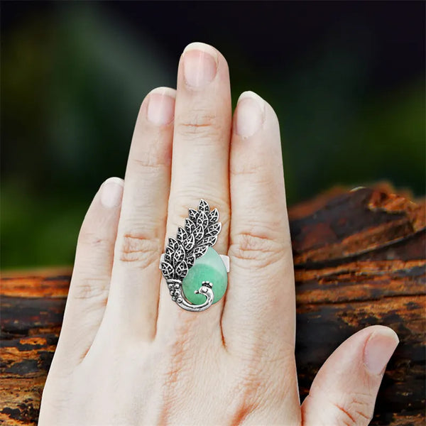 Anillos ajustables vintage de jade y cuarzo rosa natural de pavo real para mujer