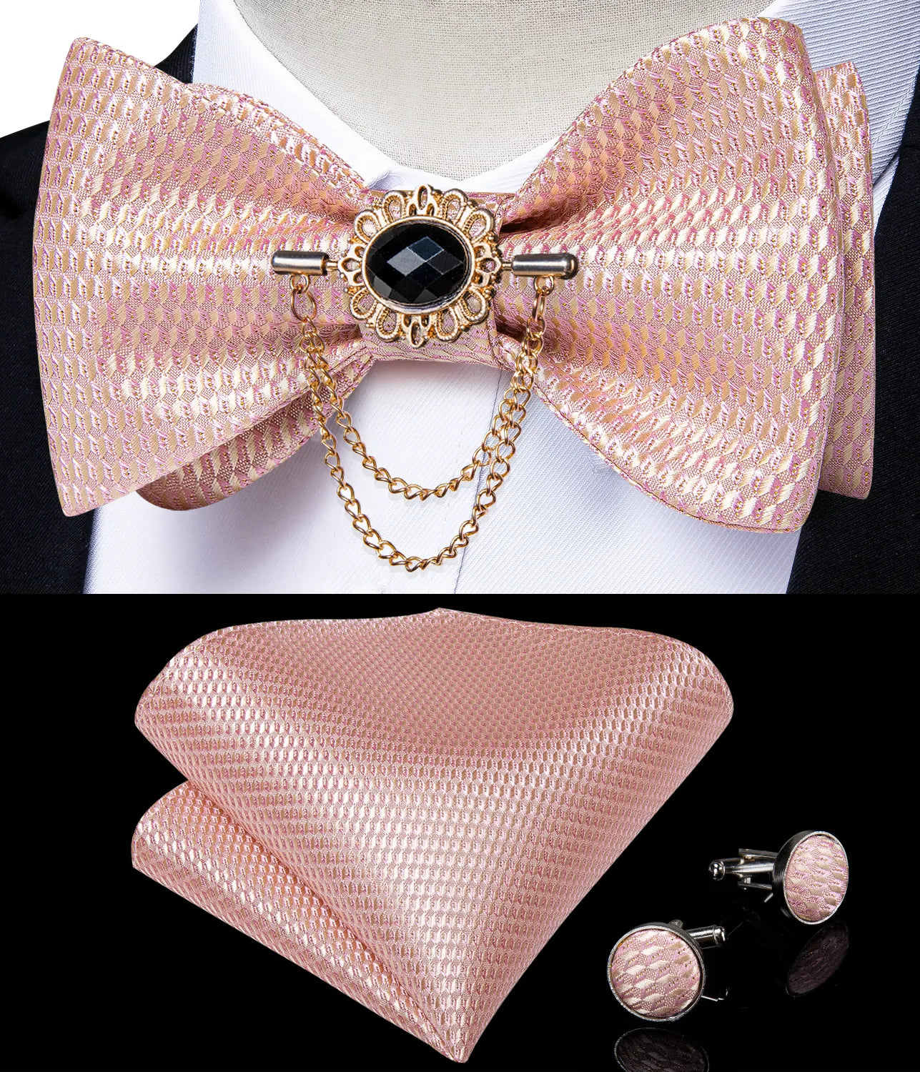 Men's Pink Solid Self Tie Bow Tie Pocket Square Cufflinks Brooch Set