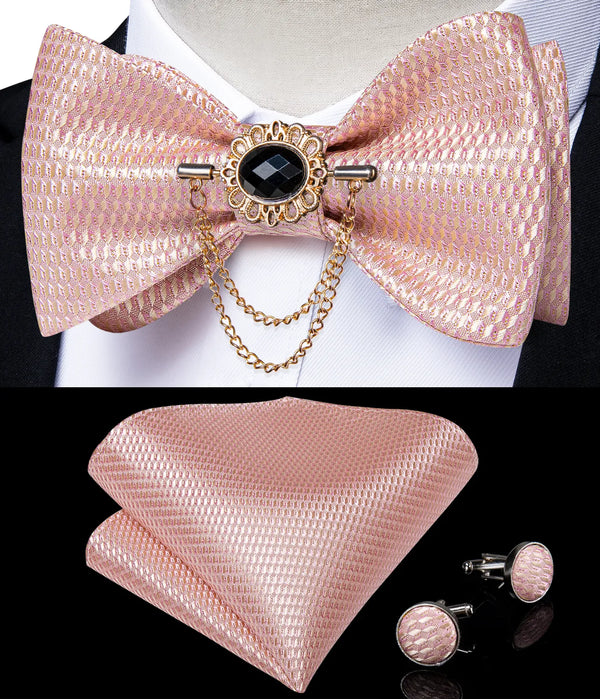 Men's Pink Solid Self Tie Bow Tie Pocket Square Cufflinks Brooch Set