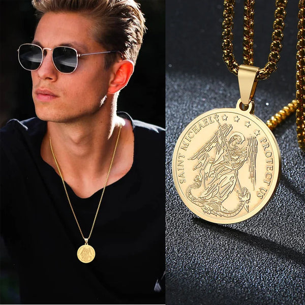 CATHOLIC FAITH MEN'S WHO IS LIKE GOD ST. MICHAEL BADGE MEDAL PENDANT NECKLACE