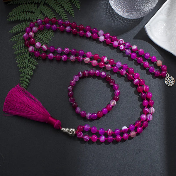 Collar Mala de ágata rayada roja rosa de 8 mm con 108 cuentas de japamala.