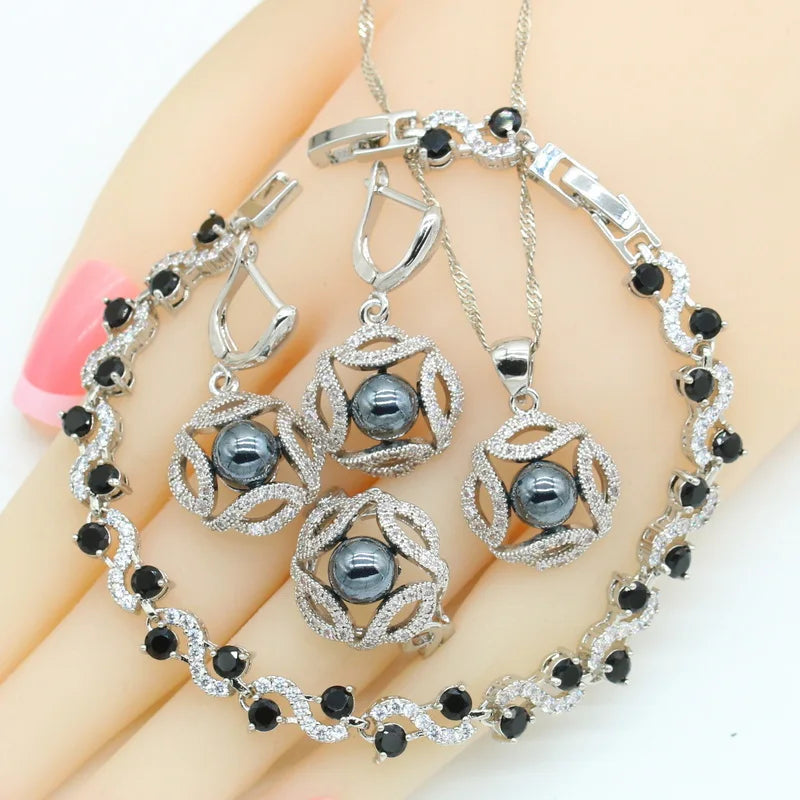 Black Freshwater Pearls Silver Color Jewelry Sets For Women