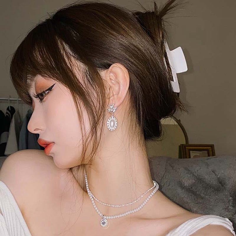 Korean Elegant Love Heart Pearl Dangle Pendientes For Women