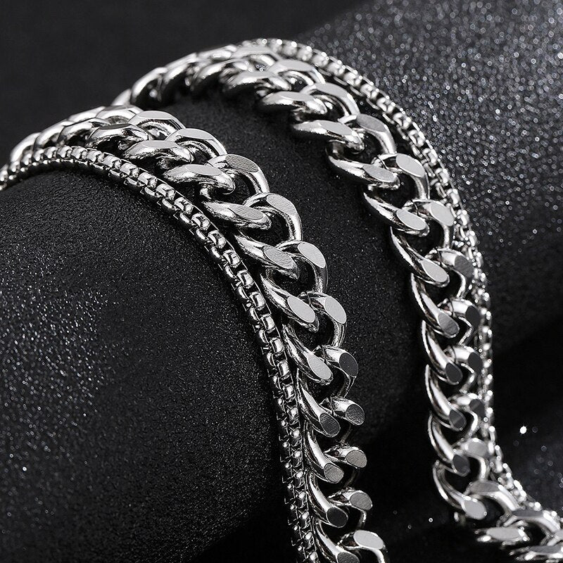 Cross Charm Pendant Necklace For Men Double Layer Stainless Steel Curb Neck Chain