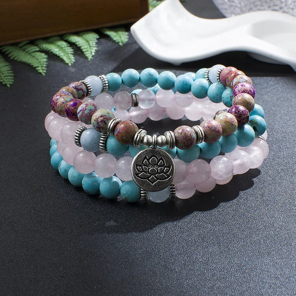 Pulsera elástica de cuentas de cuarzo rosa, turquesa azul y jaspe emperador de 8 mm
