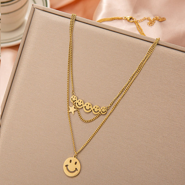 316L Stainless Steel Fashion Smile Face Design 2-layer Pendant Necklace Happy Golden Woman